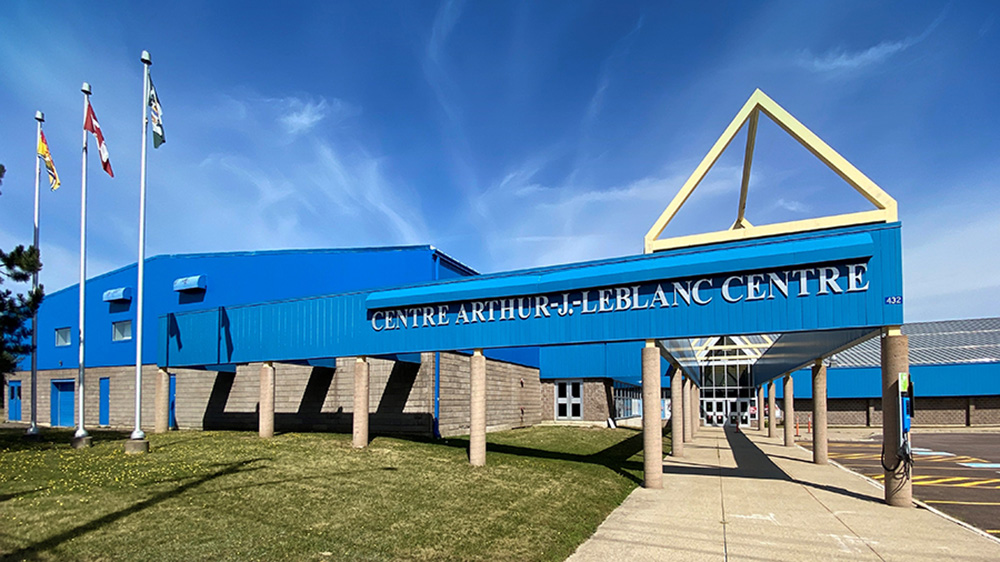 The entryway of the Arthur J. Leblanc Centre in Dieppe, New Brunswick, on a sunny spring day.