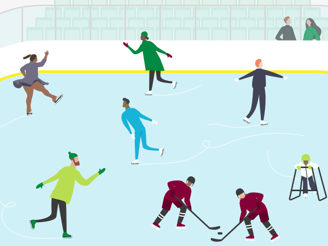 Cartoon depiction of a diverse collection of people enjoying an indoor ice rink.