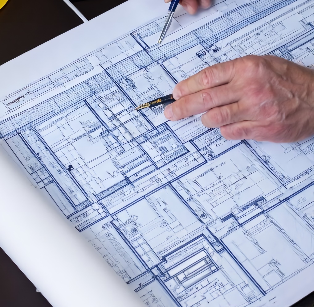 The hand of an engineer points to the blueprint of a new district energy system