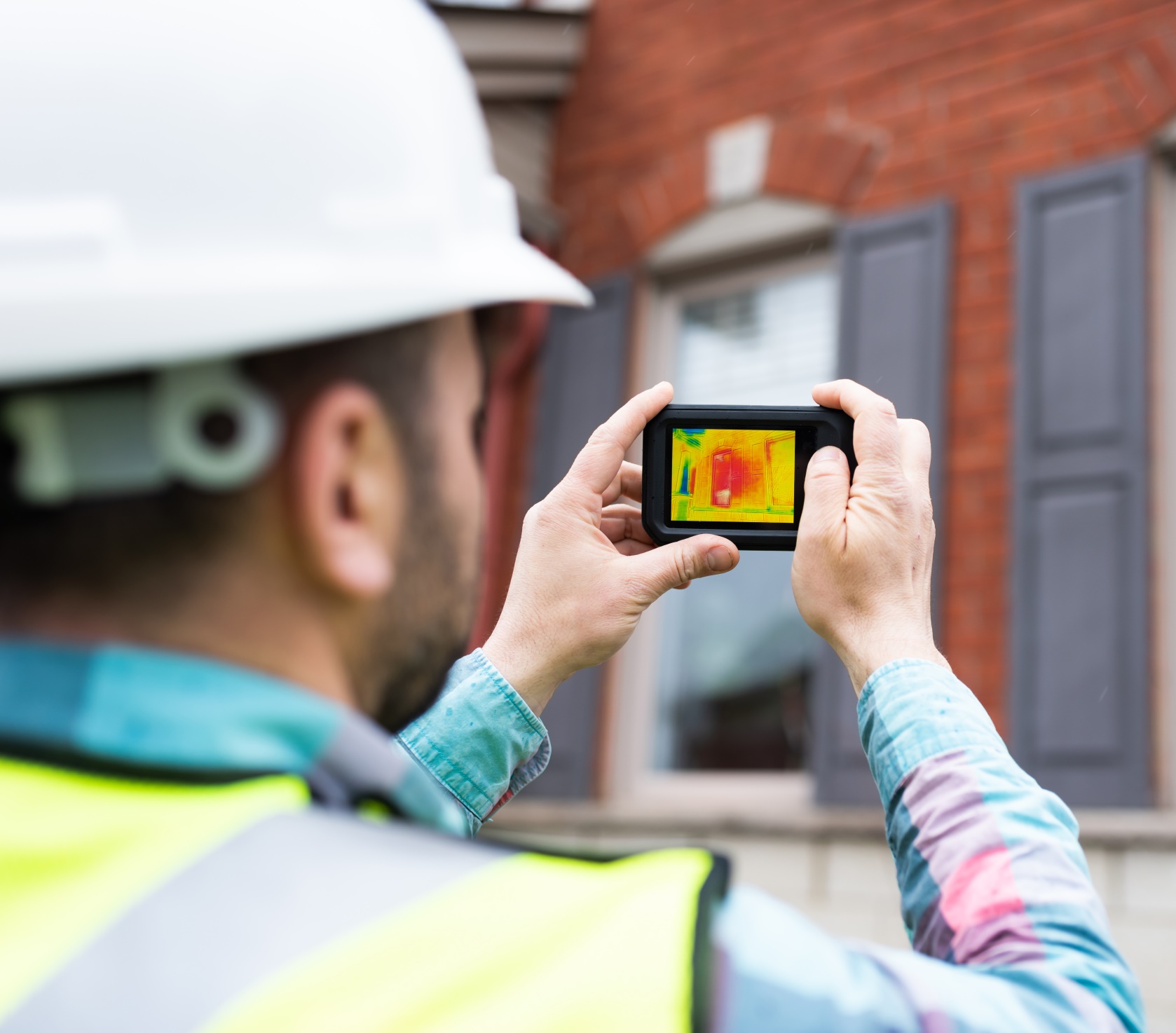 A contractor scans the walls of a municipal building with a thermal camera