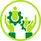 Icon with hands holding gears and people figures, symbolizing community-driven solutions. 