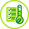 Icon depicting a green checklist alongside a thermometer with a leaf, representing climate readiness and sustainable practices. 