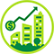 Icon showing a rising financial trend line with a dollar sign overlaying green buildings symbolizing investment in sustainable development.