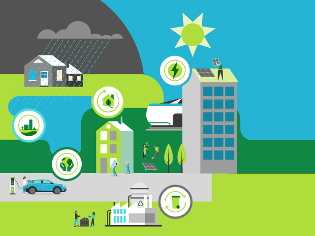 Illustration of a green city, with public transportation and renewable energy.