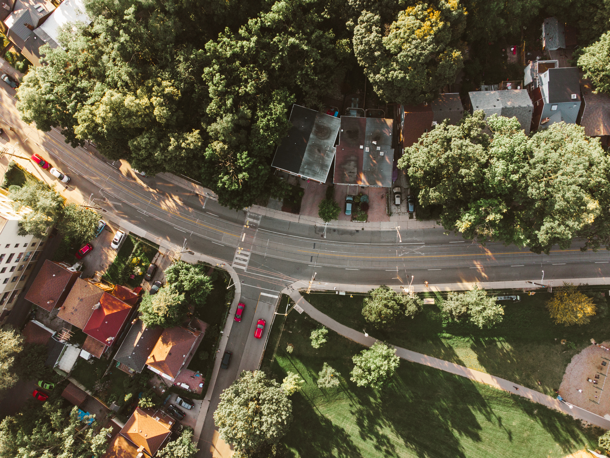 Aerial view of a Toronto, Ont. neighbourhood with street trees and green community spaces.