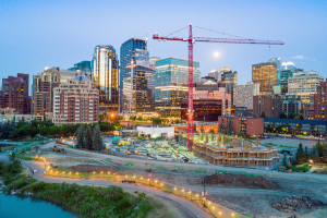 Tall residential building under construction in the city of Calgary, Alberta, Canada.