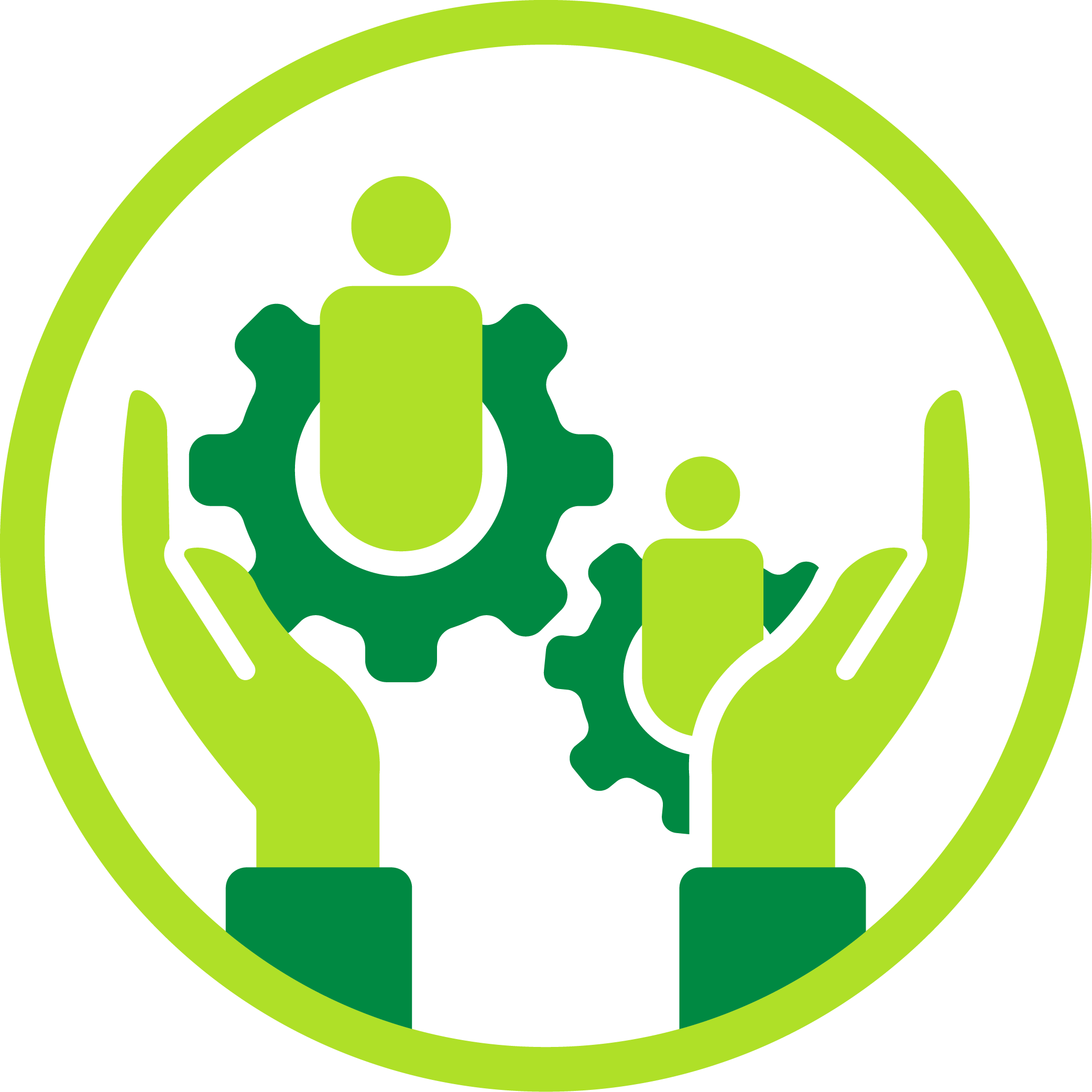 Icon with hands holding gears and people figures, symbolizing community-driven solutions