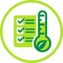 IIcône représentant une liste de mesures écologiques à côté d’un thermomètre arborant une feuille, symbolisant la préparation face aux changements climatiques et les pratiques durables.