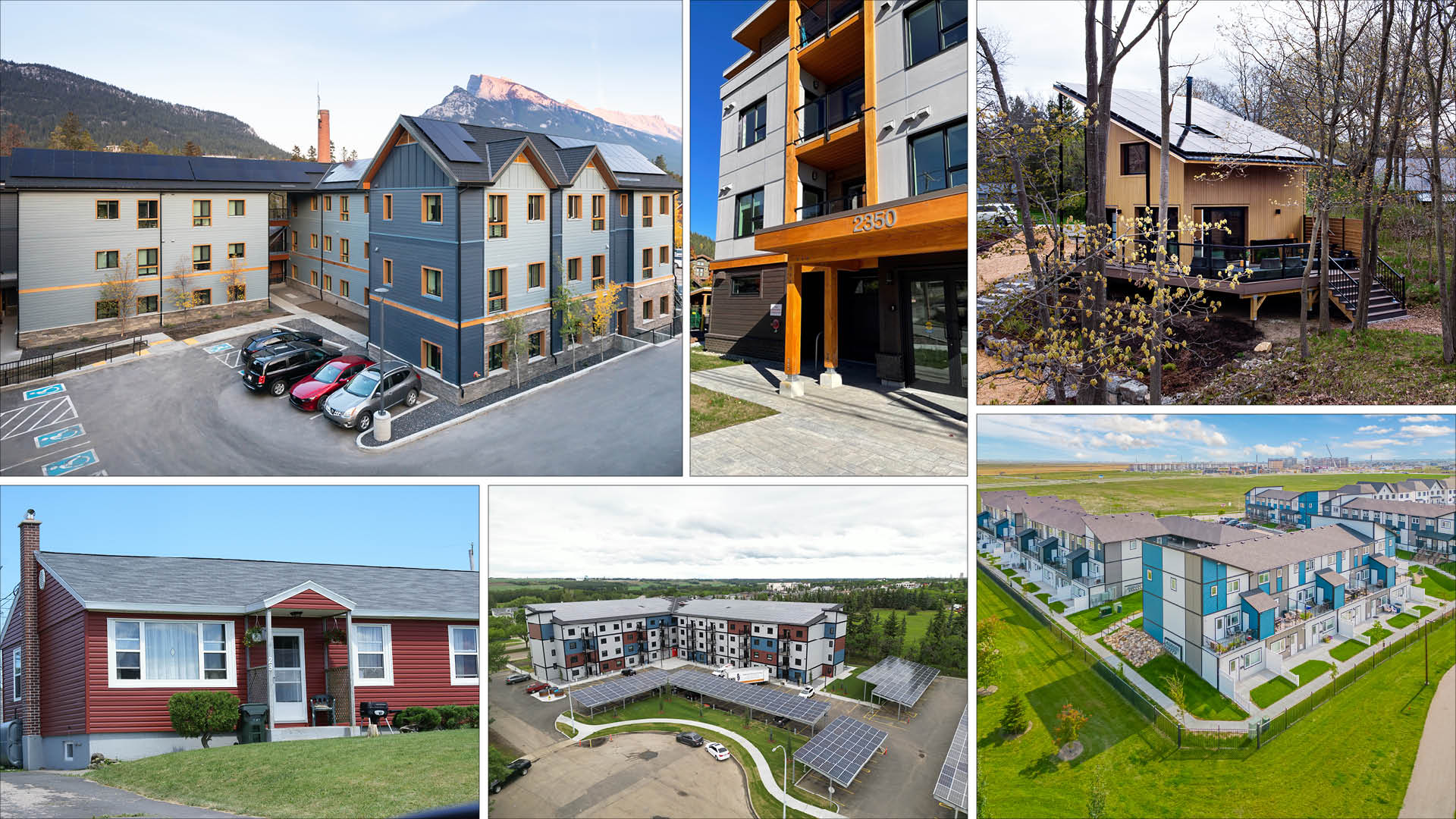 A composite image shows six different affordable housing developments, including four multi-storey, multi-building apartment complexes and two single-family homes