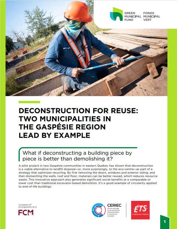 Image of a factsheet resource titled “Deconstruction for reuse: two municipalities in the Gaspésie region lead by example” 