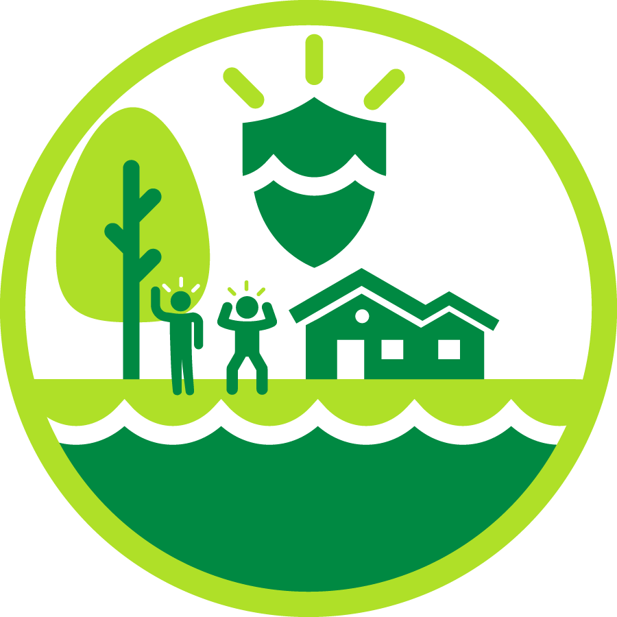 people standing by house at water's edge, under protection of shield