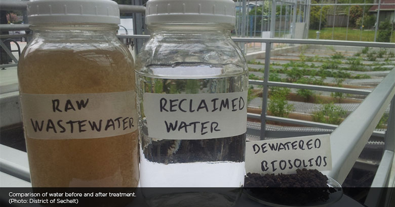 Jars of water before and after treatment, Sechelt water treatment facility
