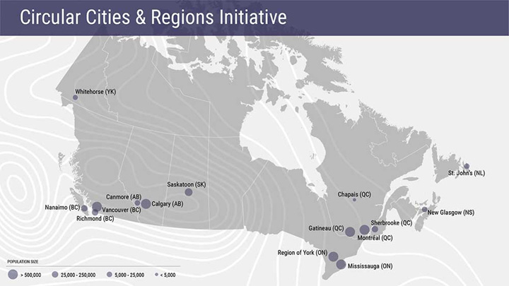 Map identifying the 15 municipalities participating in the Circular Cities & Regions Initiative, and their population size. Municipalities include Whitehorse, Nanaimo, Richmond, Vancouver, Canmore, Calgary, Saskatoon, Region of York, Mississauga, Gatineau, Montreal, Sherbrooke, Chapais, New Glasgow and St John's.