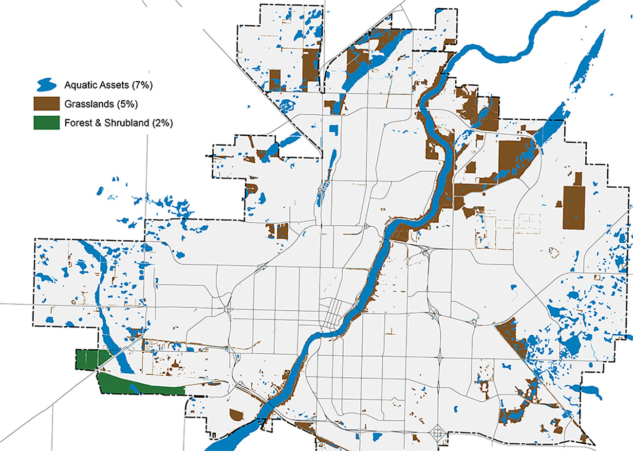  Aerial map of Saskatoon’s city limits, broken down into individual neighbourhoods. The grey map features blue, brown, and green areas, representing aquatic assets, grasslands, and forests &amp;amp;amp; shrubbery, respectively. Aquatic assets make up 7% of the map, grasslands make up 5%, and forests shrubbery make up 2%.