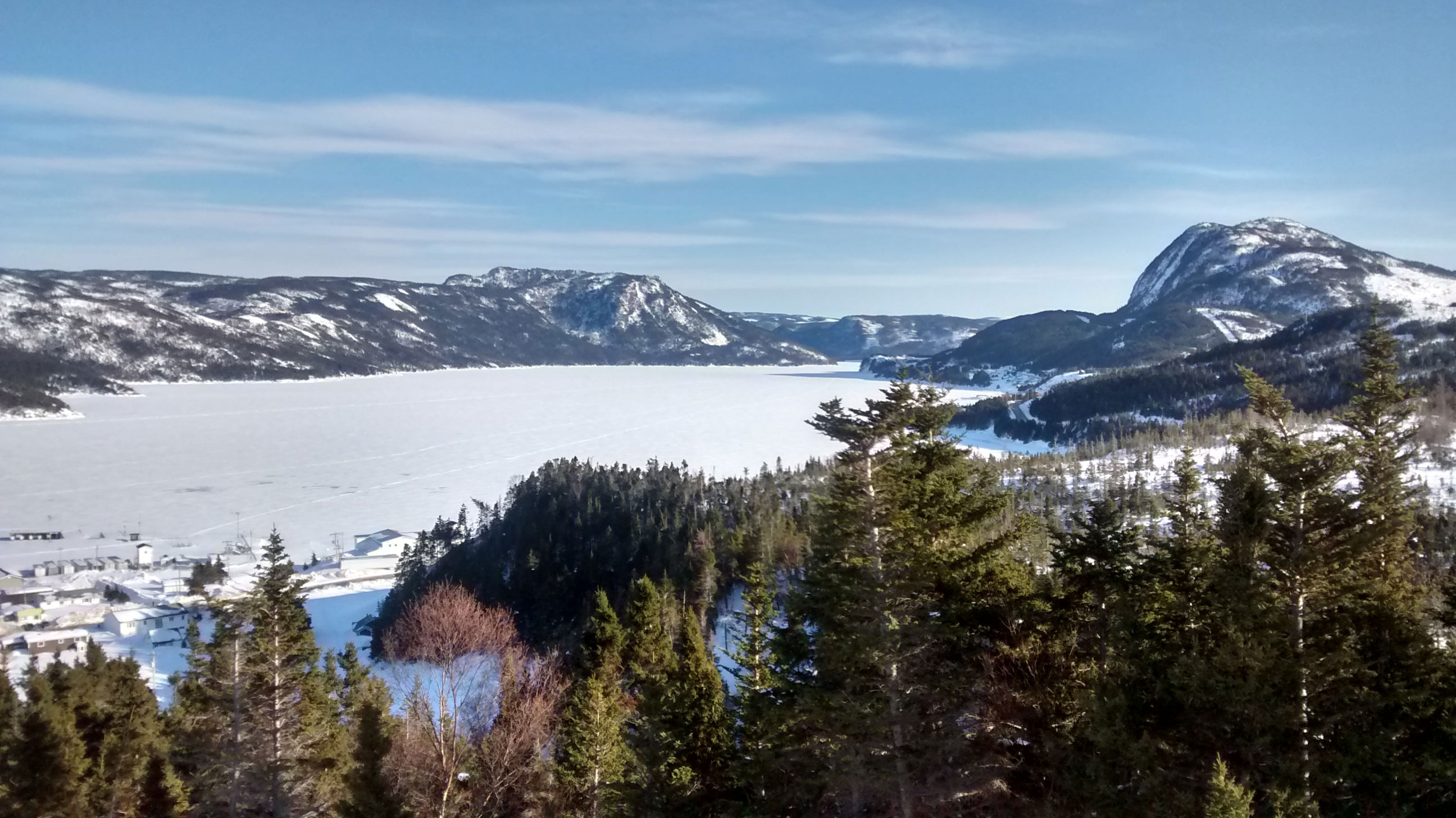 Photograph of a snow-covered river and mountains near Glenburnie-Birchy Head-Shoal-Brook, NL, with blue skies, and trees in the foreground.  In the bottom, left-hand corner of the photograph, there is a small community of residential houses.