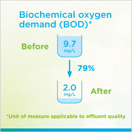 The figure shows the Biochemical Oxygen Demand (BOD) in the water treated by Prince Edward County, ON's, initiative. Before the initiative, the BOD was 9.7 mg/L.  After the initiative, the BOD decreased by 79% to 2.0 mg/L.