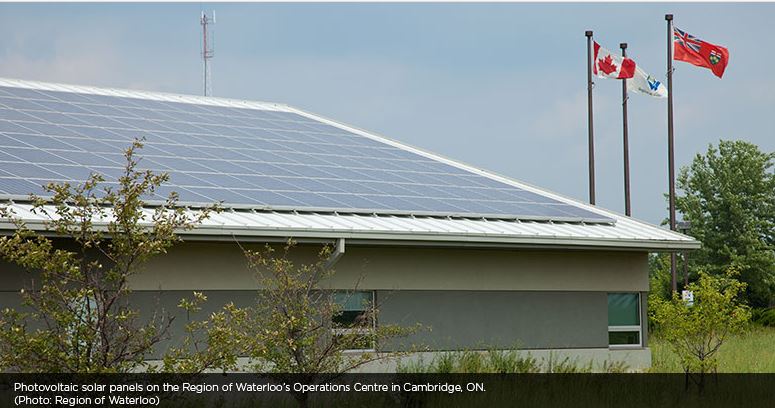 Solar panels on building at Region of Waterloo Operations Centre in Cambridge, ON