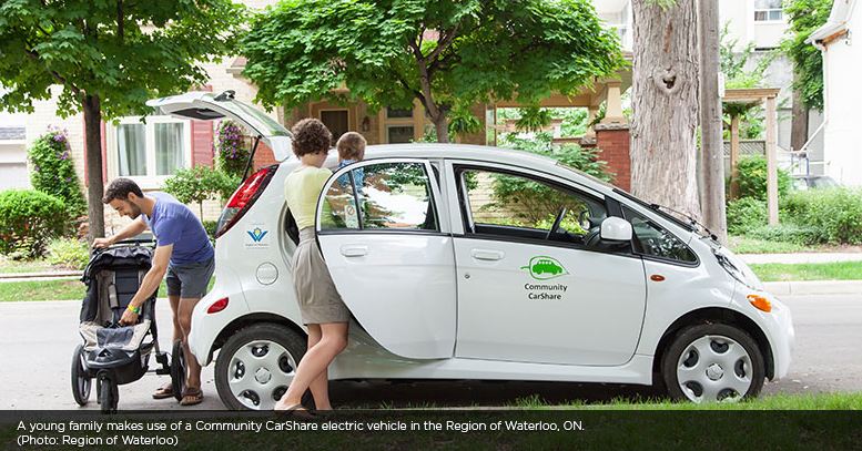 3 people getting into Community CarShare electric vehicle, Region of Waterloo, ON