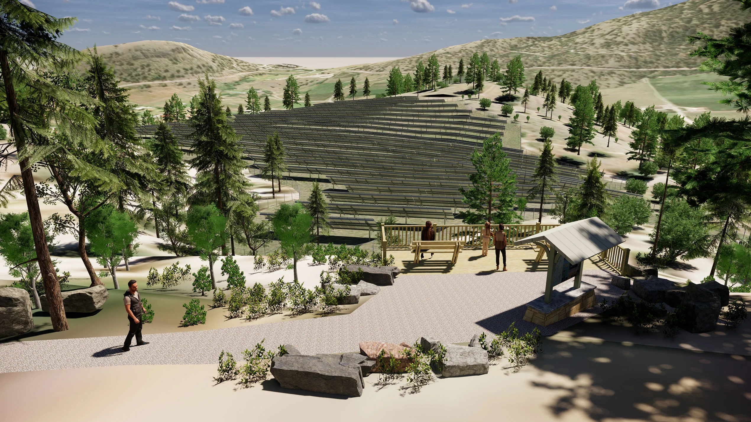 An artist’s rendering of people at a viewpoint overlooking rows of solar panels surrounded by trees, in a landscape of arid hills