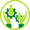 Icon with hands holding gears and people figures, symbolizing community-driven solutions.