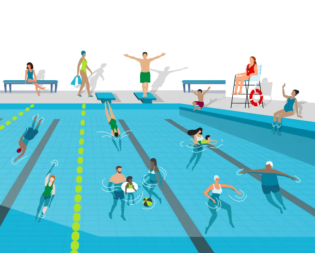 Illustration of an indoor swimming pool, with a mixture of adults and children both inside and outside of the pool.