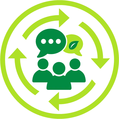 Icon showing three people with speech bubbles with a leaf and ellipses. 
