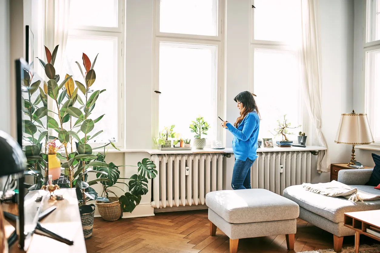 Woman checking mobile phone in bright living room. 