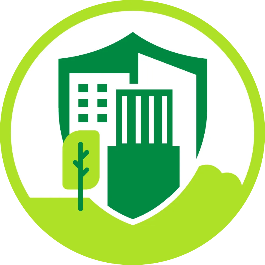 simple graphic of buildings being protected by a shield