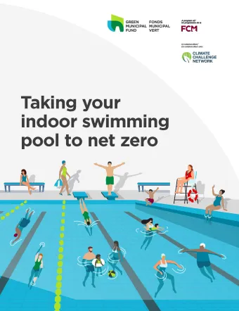 Illustration of an indoor swimming pool on the cover of the guide Taking your indoor swimming pool to net zero